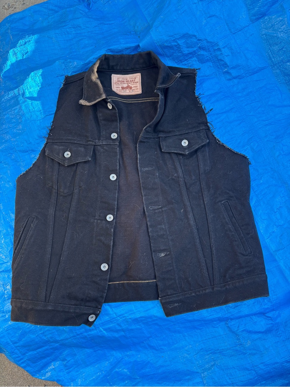 Black, Iron Heart vest, 21 oz denim. Barely worn, never washed.